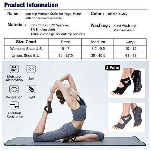 Cotton Yoga Socks Ladies Toeless Non Slip Skid Grip Open Heel Pilates  Ballet