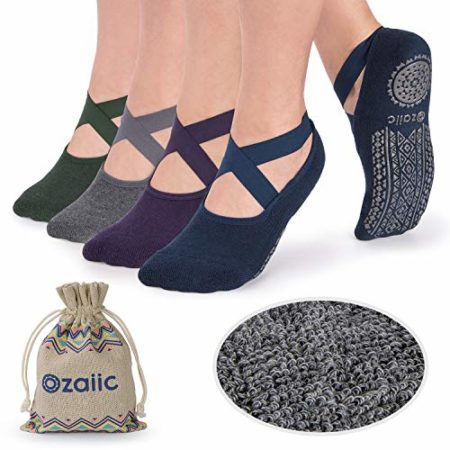 Non Slip Socks for Yoga Pilates Barre Fitness Hospital Socks for Women, 4 Pack